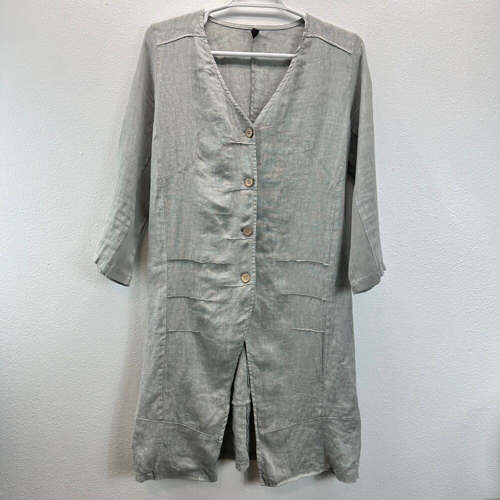 Inizio Linen Button Front Long Line Jacket Gray Small